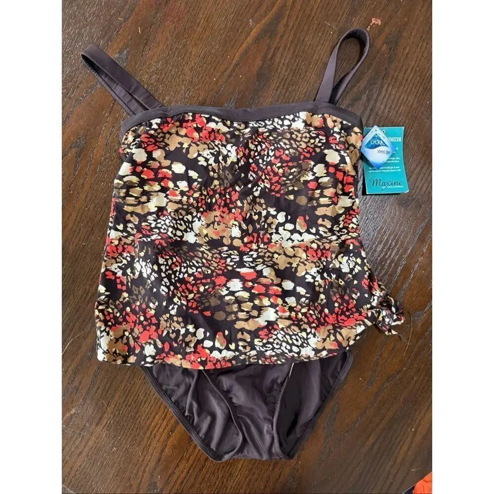 NWT Maxine of Hollywood Women's Island Vibe Faux Tankini Swimsuit Coral Brown 10